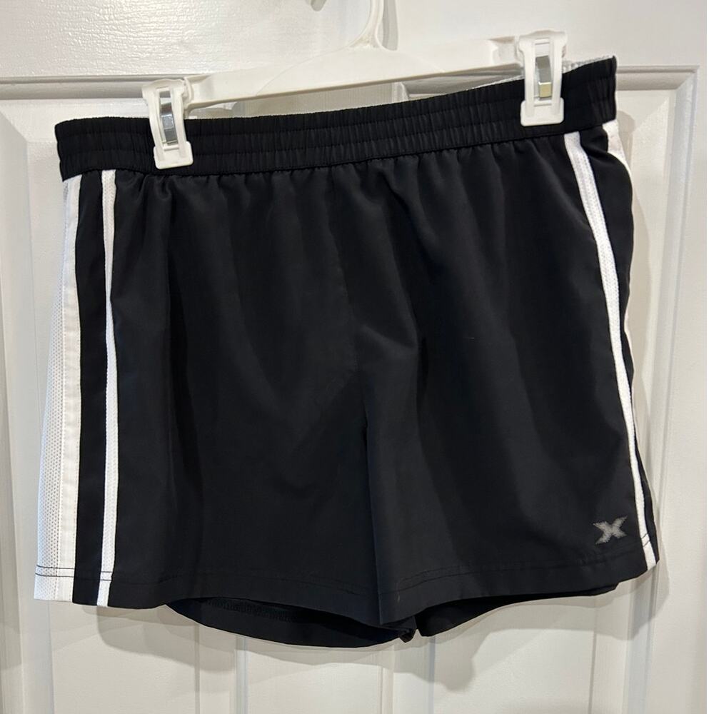 Womans black Xersion athletic lined shorts side white mesh M